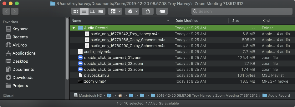 Screenshot of Zoom Files after recording a video call