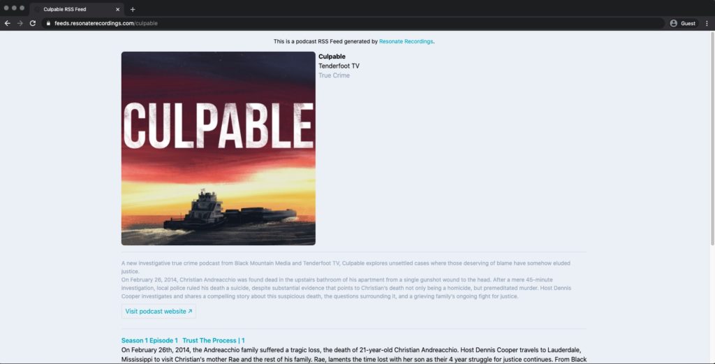 Screenshot of an RSS feed from the Culpable Podcast