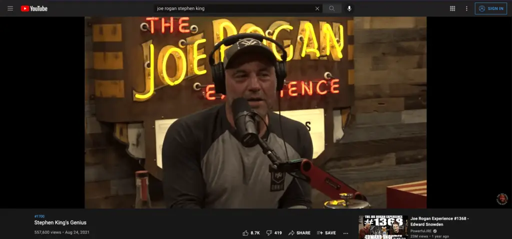 Joe Rogan on YouTube Stephen King clip