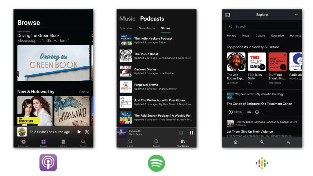 What is a podcast? A plain explainer from a production team 4 Screenshots of podcast apps apple, spotify, and google