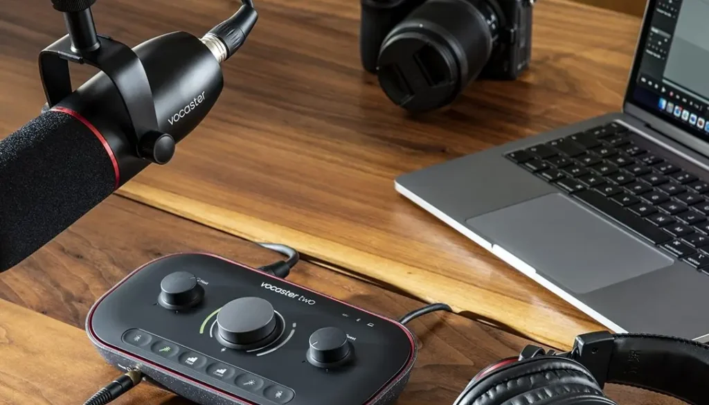 Vocaster Two Studio bundle on table with more products from Focusrite