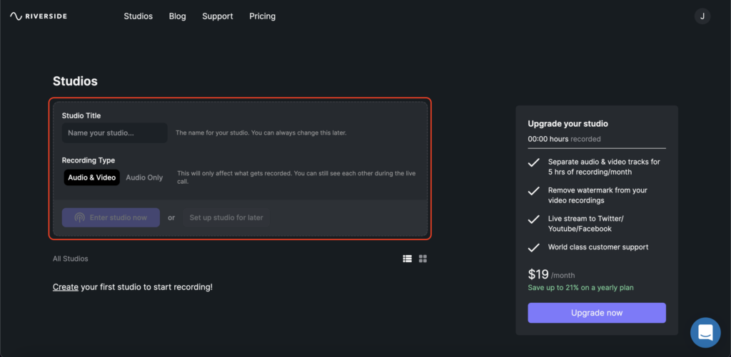 Creating a studio in riverside.fm