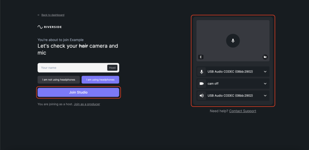 Selecting your inputs and outputs on riverside.fm