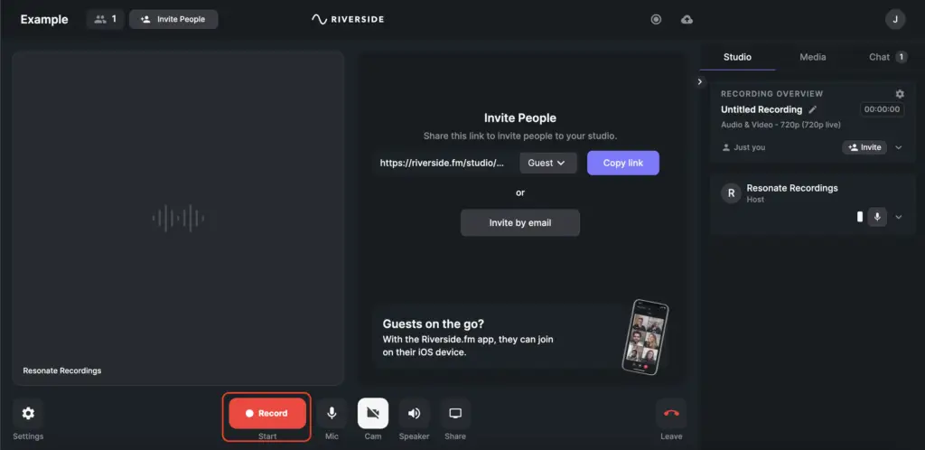 Click red button 'record' in order to record in your riverside.fm studio