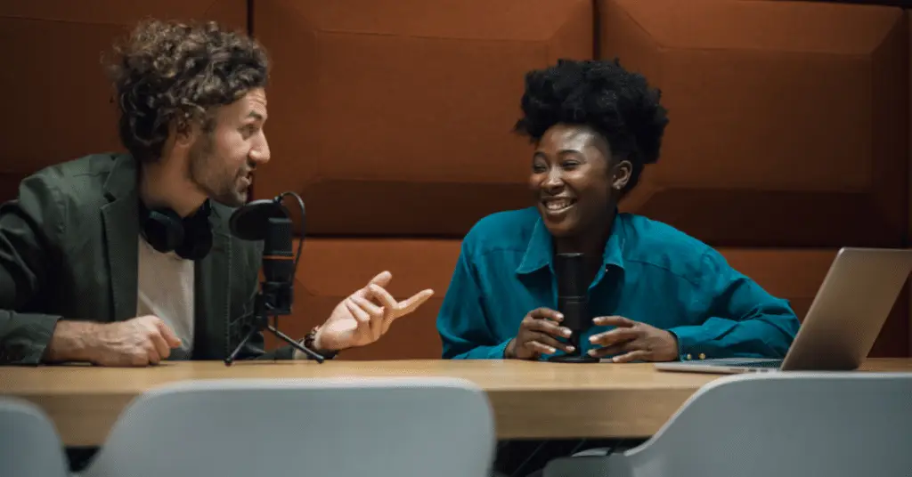 A couple discussing Podcast Ideas