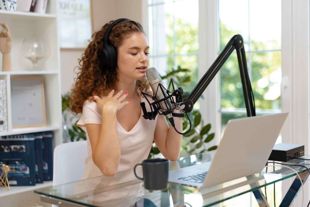 Woman speaking into her microphone