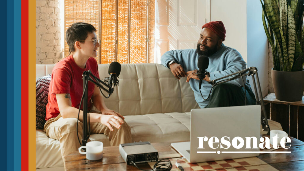 Two people podcasting on a couch - with Resonate logo
